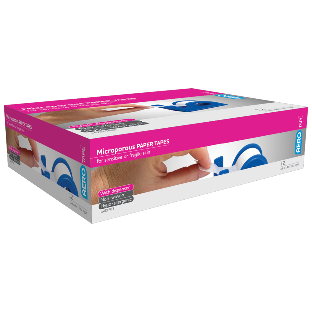 AEROTAPE White Microporous Paper Tape with Dispenser 2.5cm x 9.1M Box/12